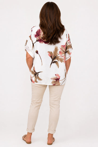 Button Sleeve Drawstring Hem Mary Floral Shirt - White