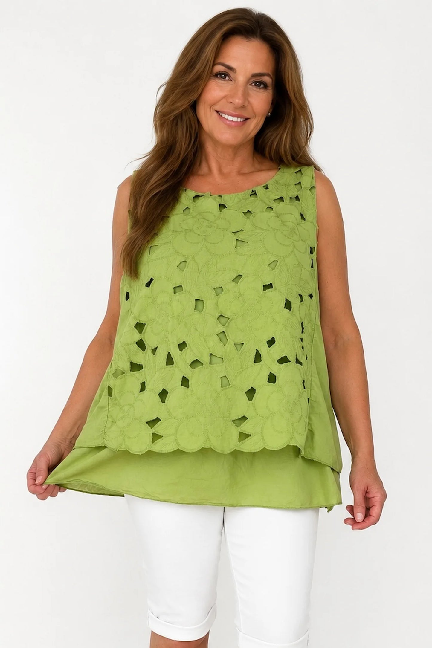 Pure Cotton Fully Lined Embroidery Anglaise Missi Vest - Apple