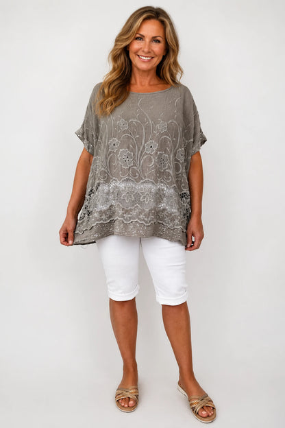 Cotton Crochet Detail Embroidery Anglaise Sequin Hem/Sleeve Selina Top - Mocha