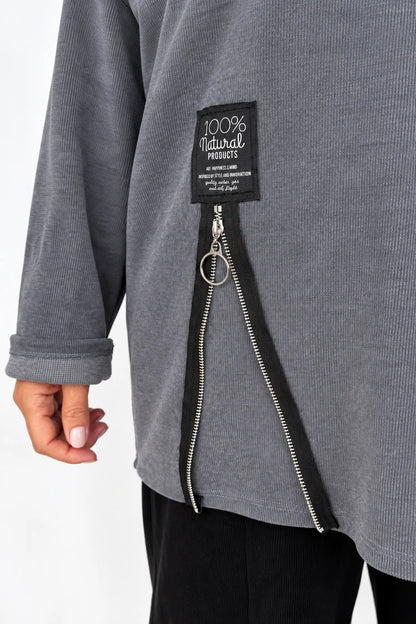 Zipped Hem Badge Detail Ciello Pocket Top - Wolf Grey