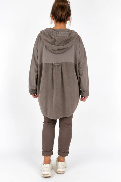 Pure Cotton Cord Patch Pocket Connie Button Hooded Jacket - Mocha