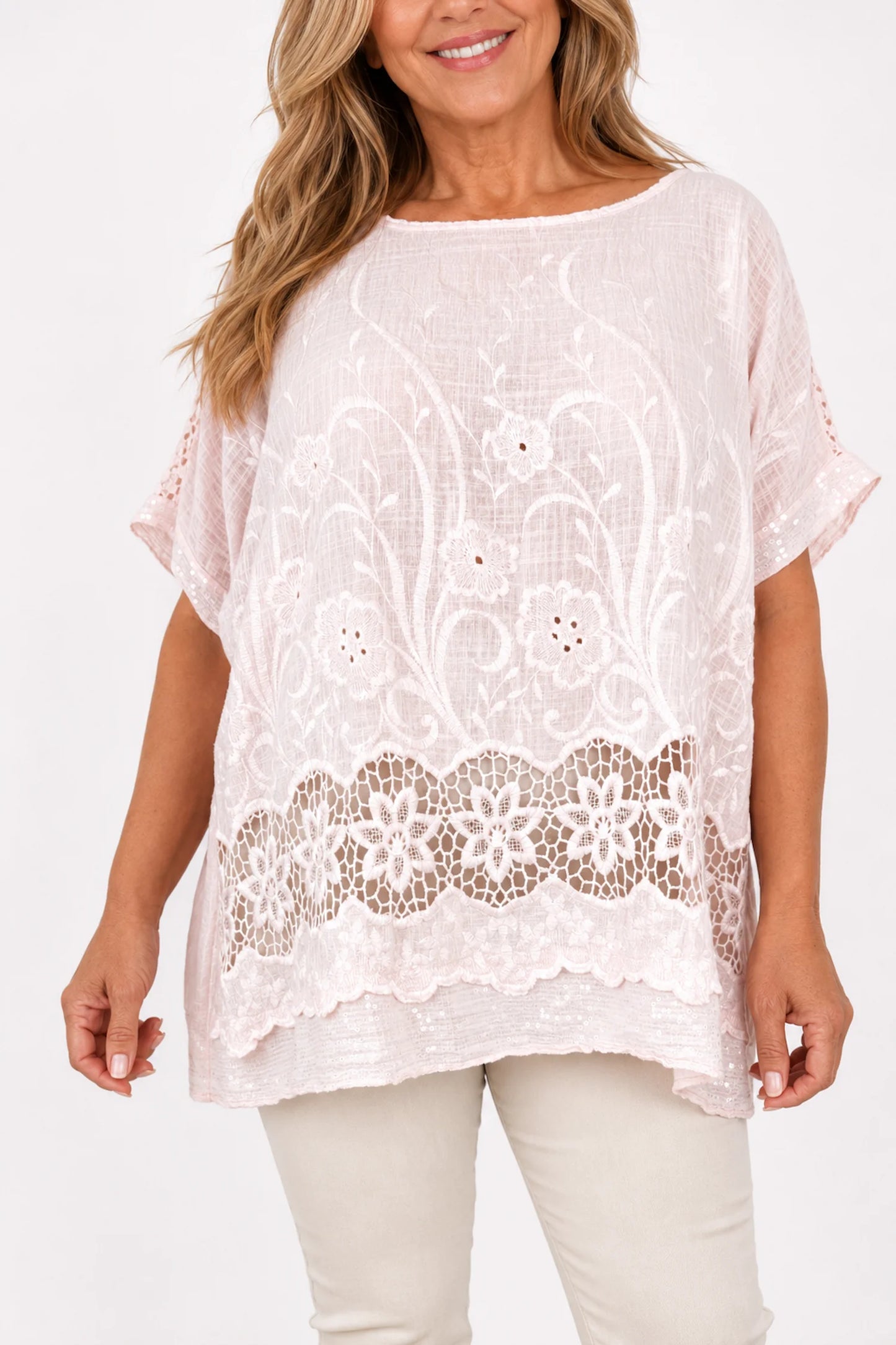 Cotton Crochet Detail Embroidery Anglaise Sequin Hem/Sleeve Selina Top - Baby Pink