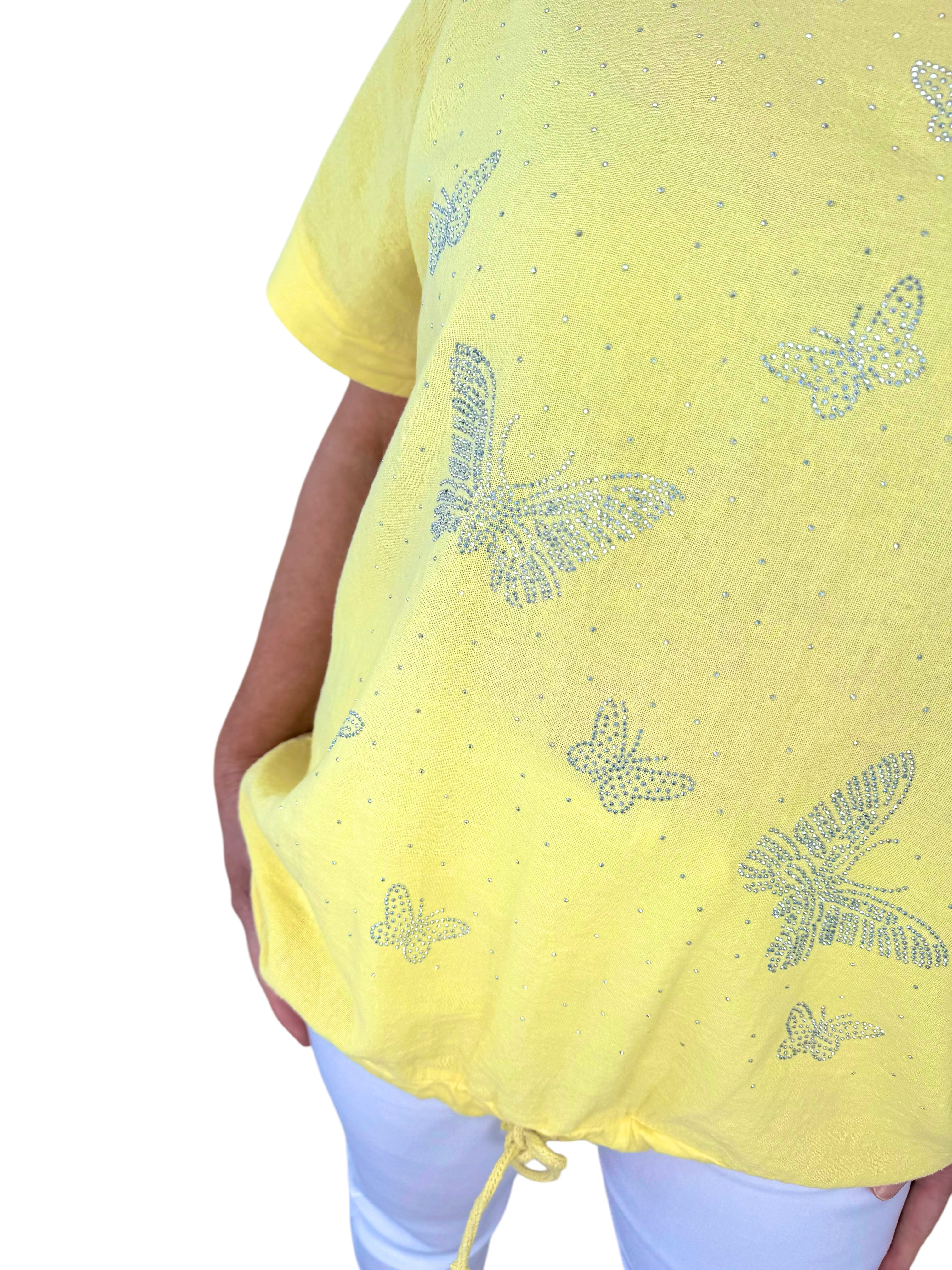 Linen Mix Diamanté Butterfly Tied Detail Top - Lemon