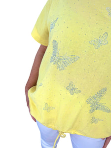 Linen Mix Diamanté Butterfly Tied Detail Top - Lemon