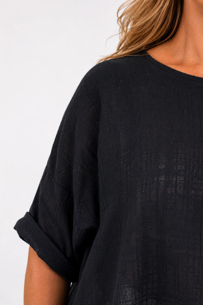 Linen Look Pure Cotton Button Detail Pocket Venice Top - Black