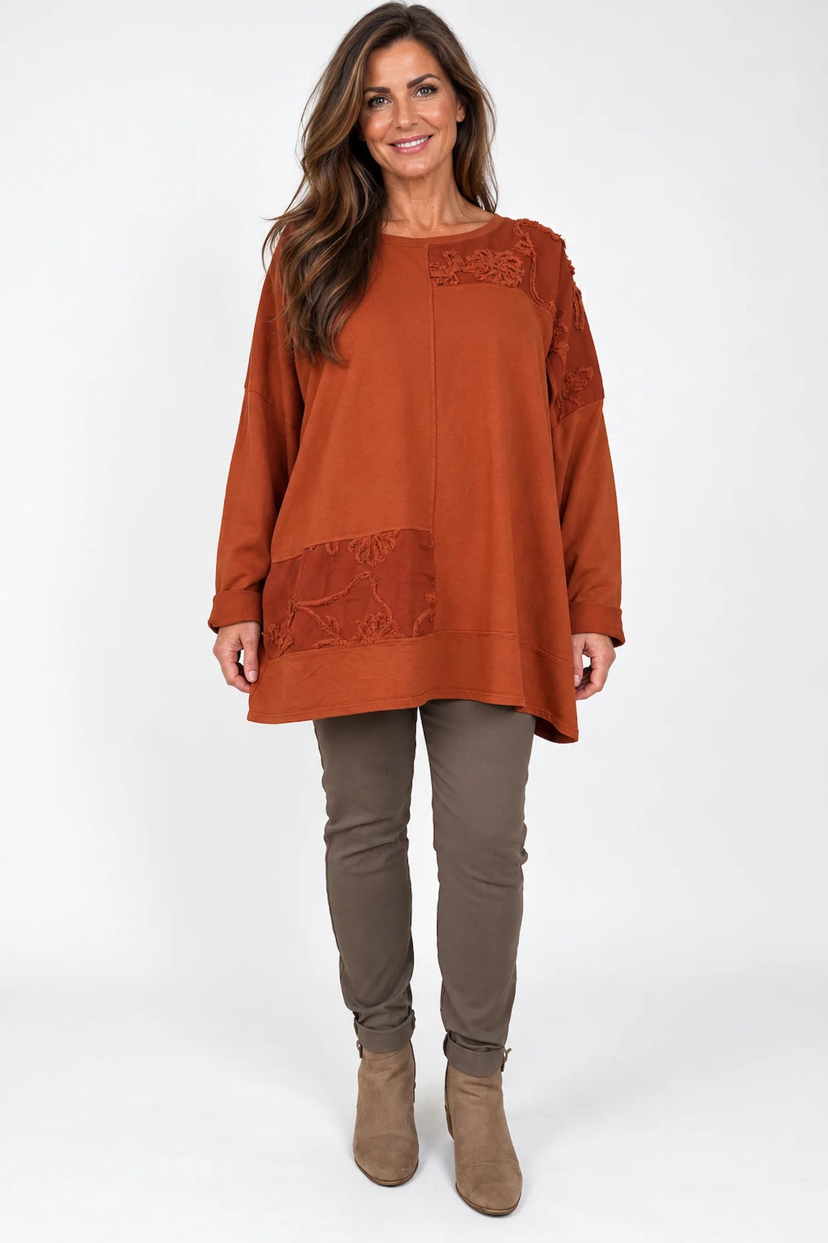 Cotton Fine Needlecord Patch Parisi Top - Burnt Orange