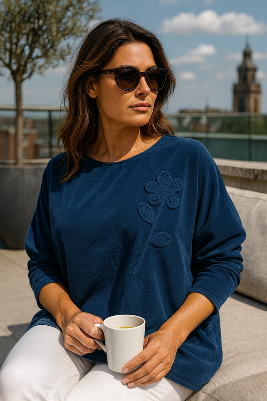 Pure Cotton Needlecord Flower Stitch Arabella Top - Navy