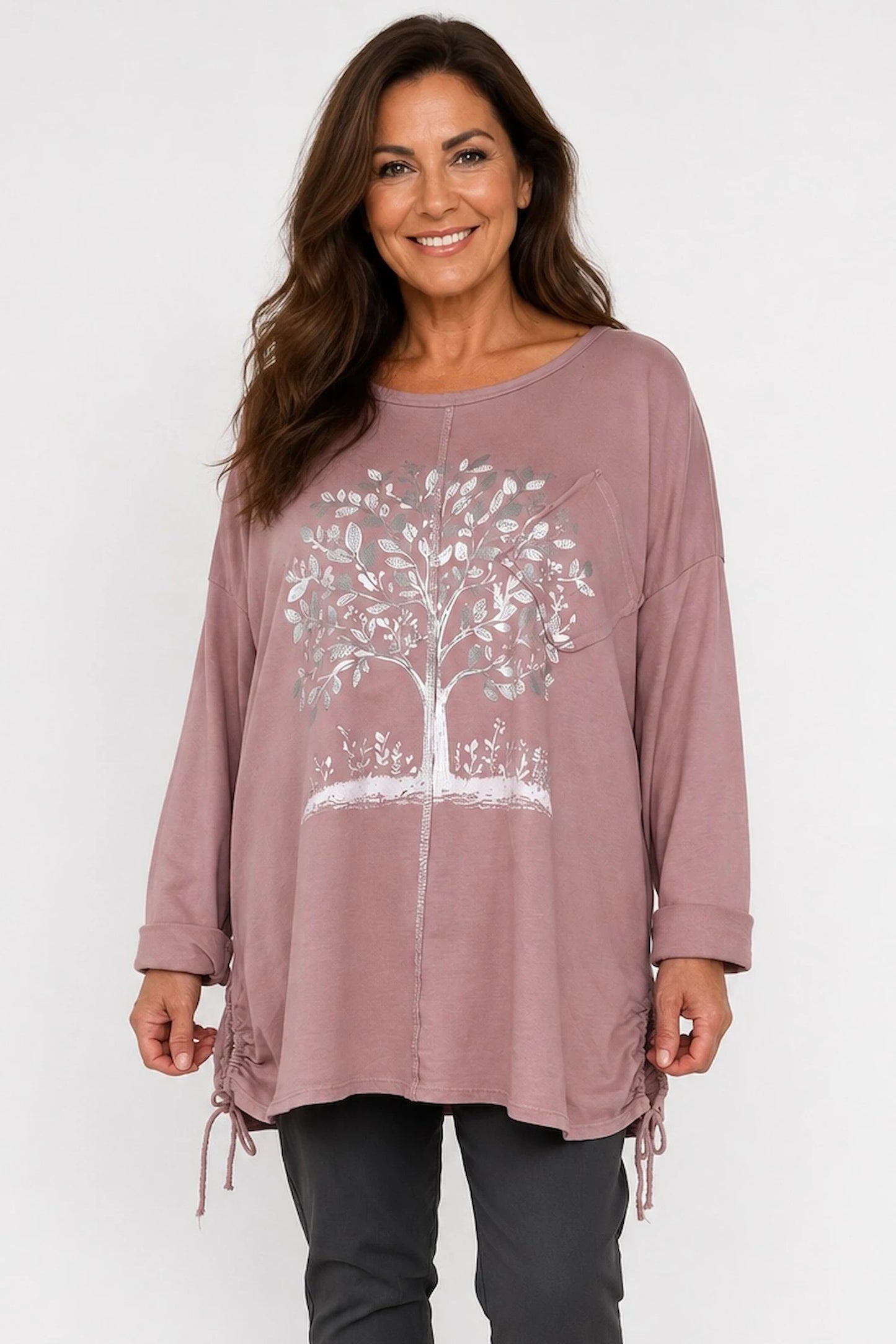 Cotton Diamanté Florence Tree Pocket Detail Tied Side Top - Rosewood Pink