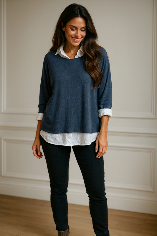Cotton Mix Two in One Fleur Top - Dark Denim