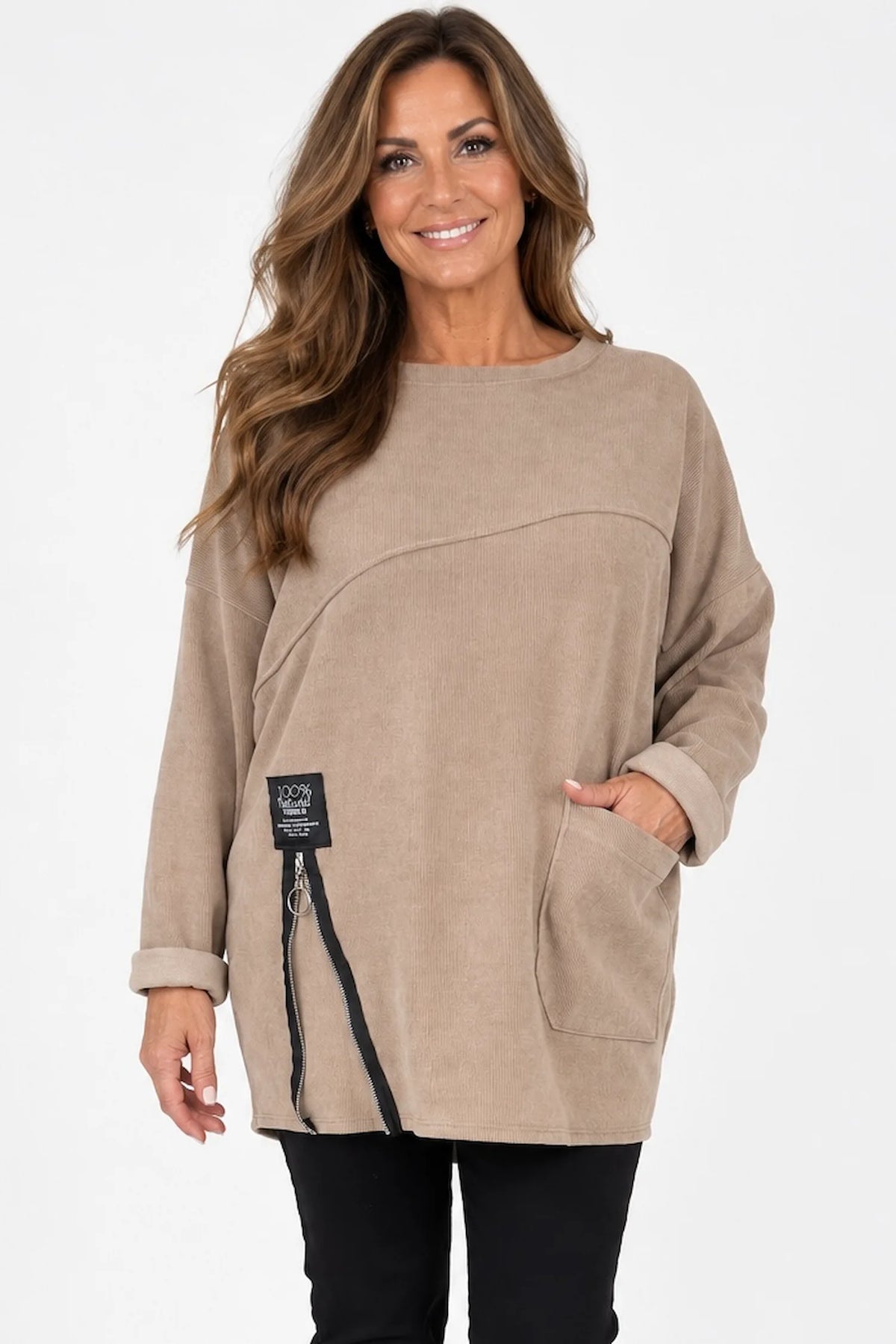 Zipped Hem Badge Detail Ciello Pocket Top - Warm Mocha
