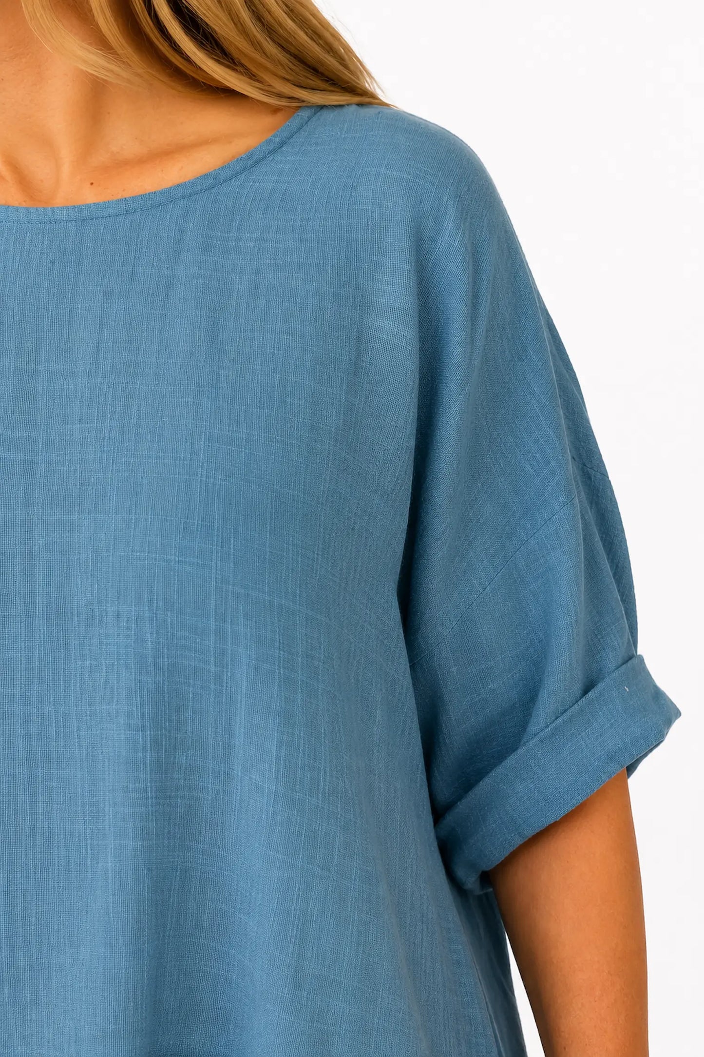 Linen Look Pure Cotton Button Detail Pocket Venice Top - Denim