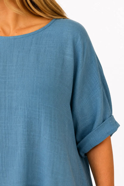 Linen Look Pure Cotton Button Detail Pocket Venice Top - Denim