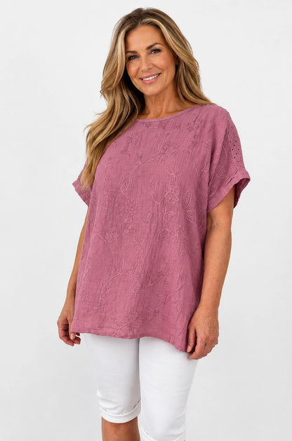 Pure Cotton Embroidery Anglaise Crochet Sleeve Devure Top - Raspberry Ripple