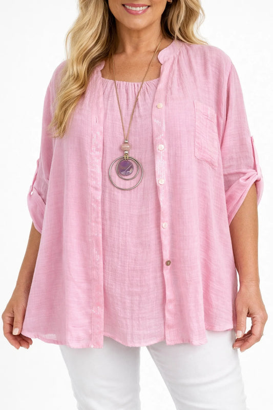 Linen Look Cotton Sequin Sparkle Pocket Detail Button Sleeve Embroidered Crochet Back Cruze Shirt - Baby Pink