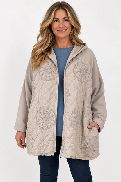 Embroidered Floral Quilted Cotton Hooded Zip Kala Coat – Beige
