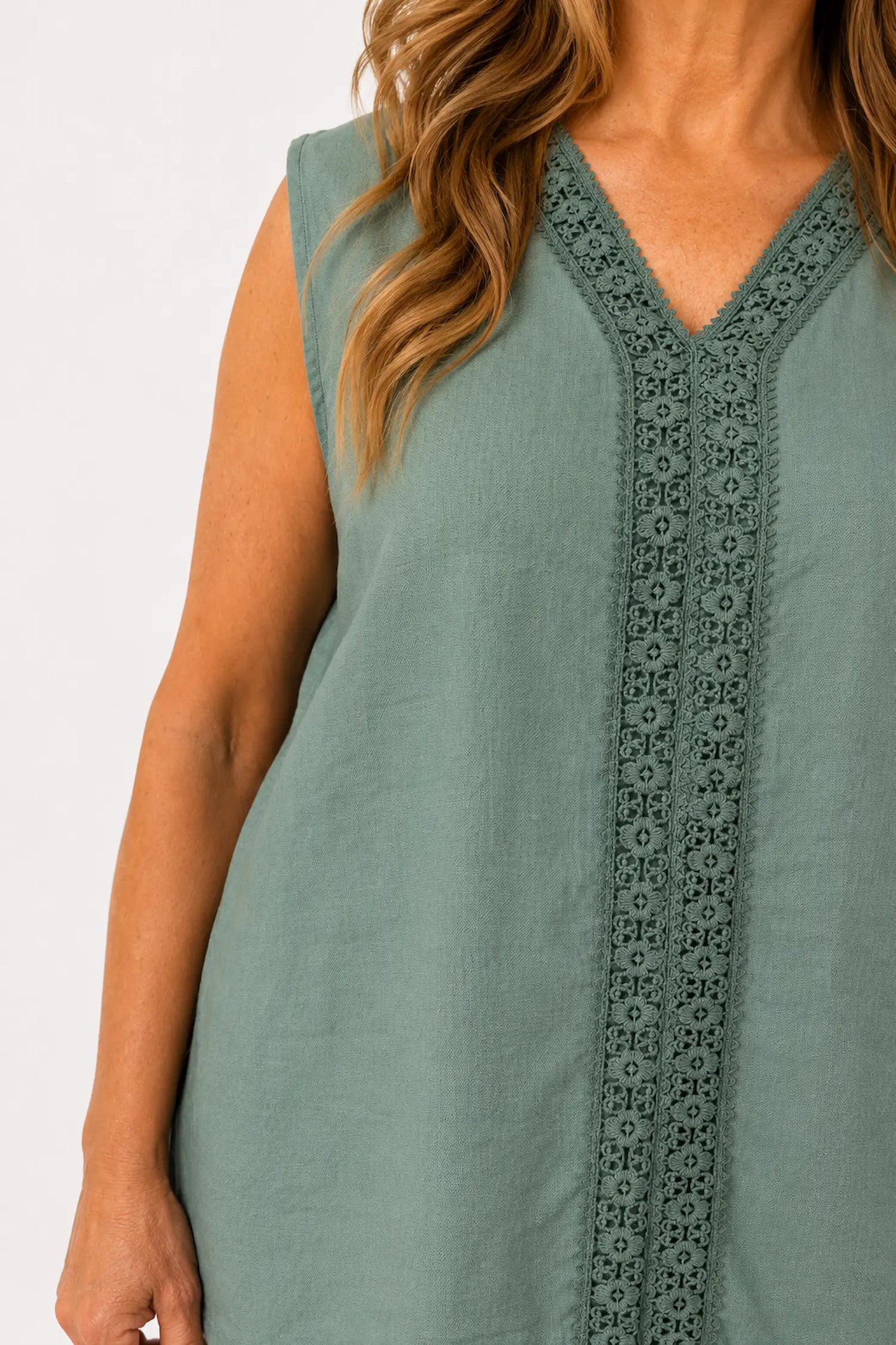 Embroidered Trim Carvela Sleeveless Top - Khaki