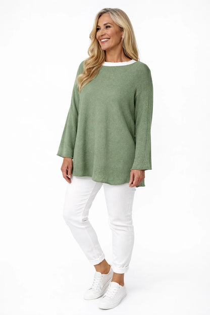 Cotton Seam Sleeve Vittoria Spring Knit Top - Khaki