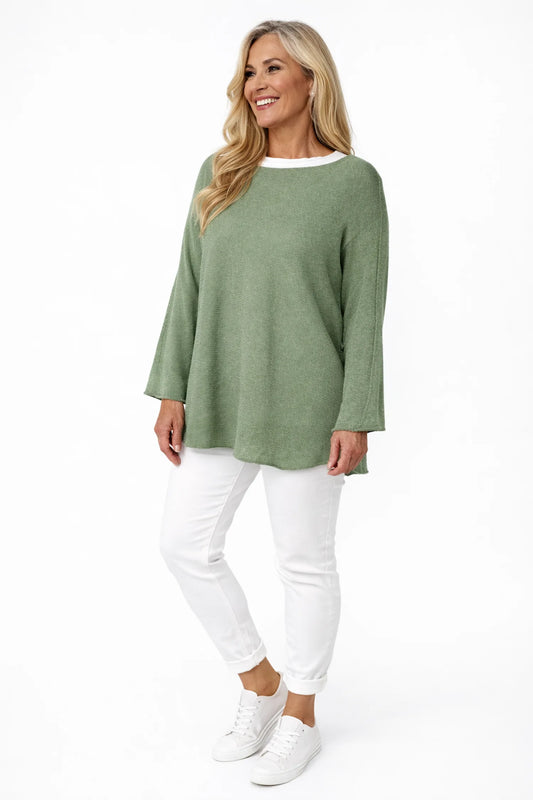 Cotton Seam Sleeve Vittoria Spring Knit Top - Khaki