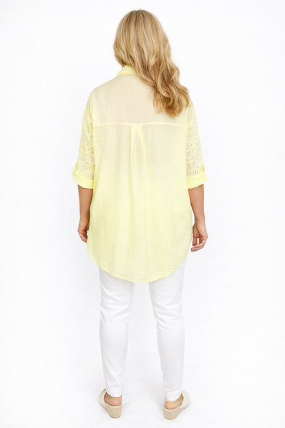 Cotton Embroidery Anglaise Crochet Detail Carlotta Button Shirt - Lemon