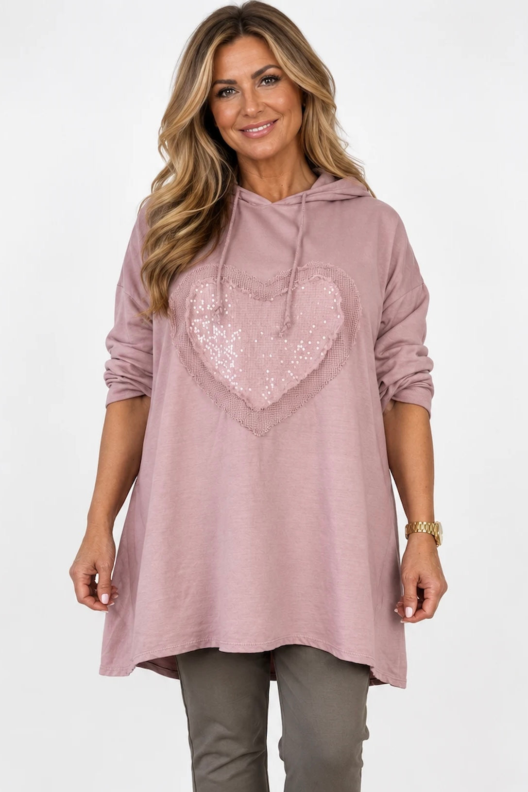 Cotton Sequin Heart Veronica Hoodie - Rosewood Pink