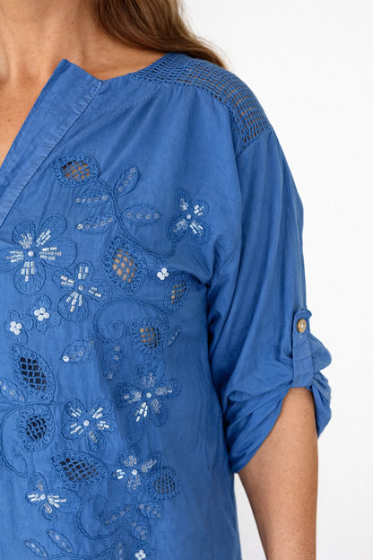 Cotton Mesh Shoulder Embroidery Anglaise Detail Button Sleeve Antonella One Button Shirt - Denim