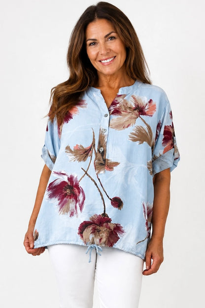 Button Sleeve Drawstring Hem Mary Floral Shirt - Baby Blue
