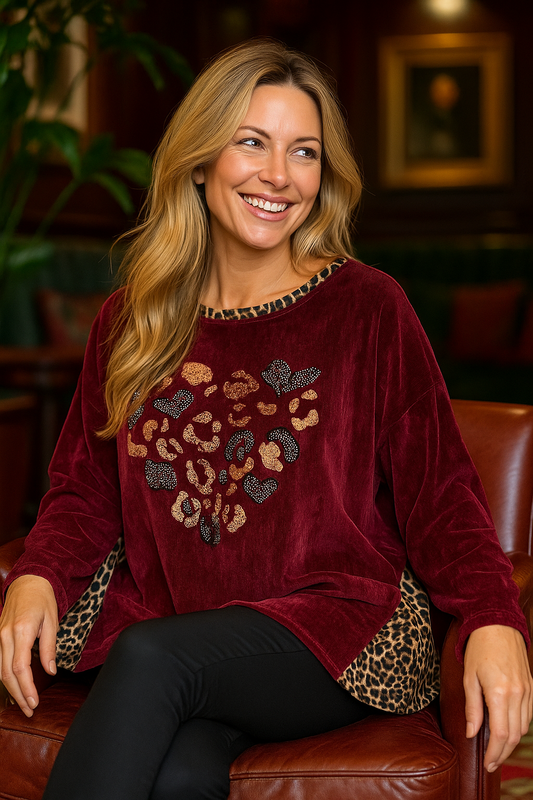 Vienna Diamanté Leopard Detail Luxury Soft Knit Top - Wine
