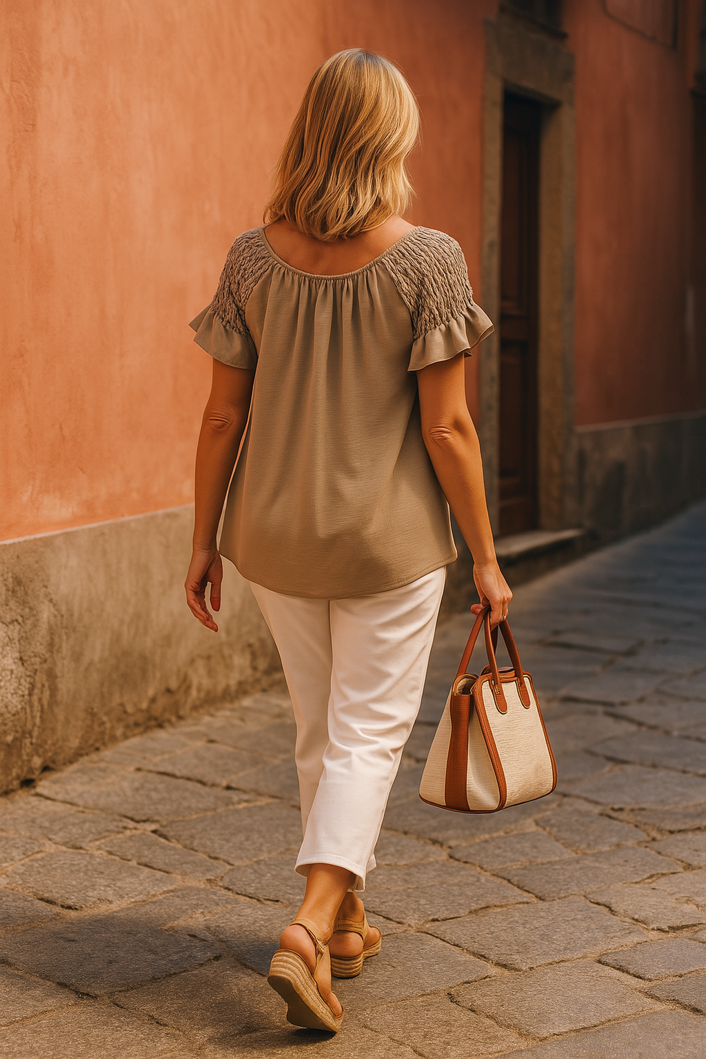 Shirred Shoulder Frill Sleeve Angelica Necklace Top - Beige