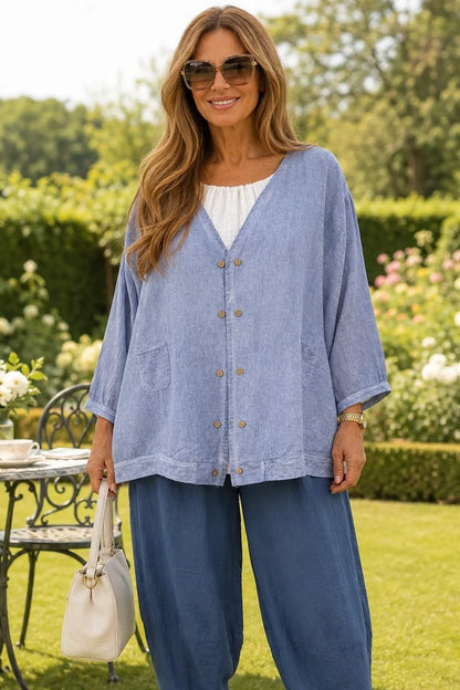 Pure Cotton Double Pocket Lara Button Jacket - Washed Denim