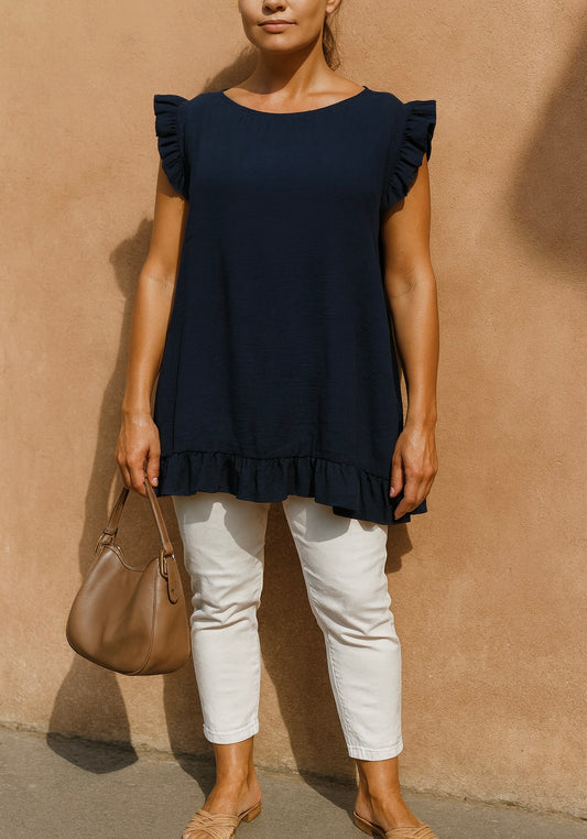Button Back Frill Detail Ella Top - Navy