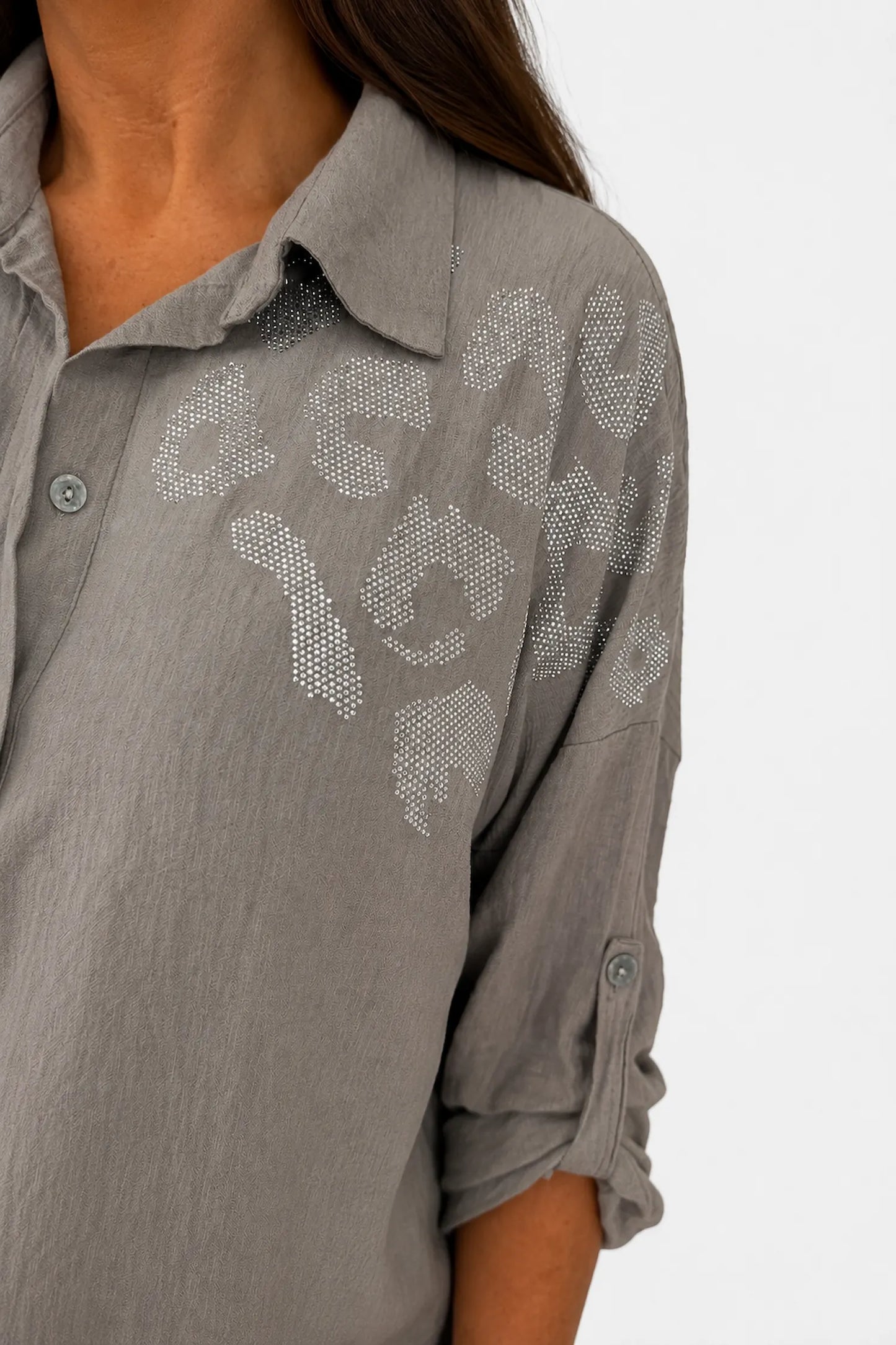 Premium Stitch Diamanté Button Sleeve Michaela Shirt - Mocha