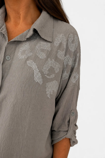 Premium Stitch Diamanté Button Sleeve Michaela Shirt - Mocha