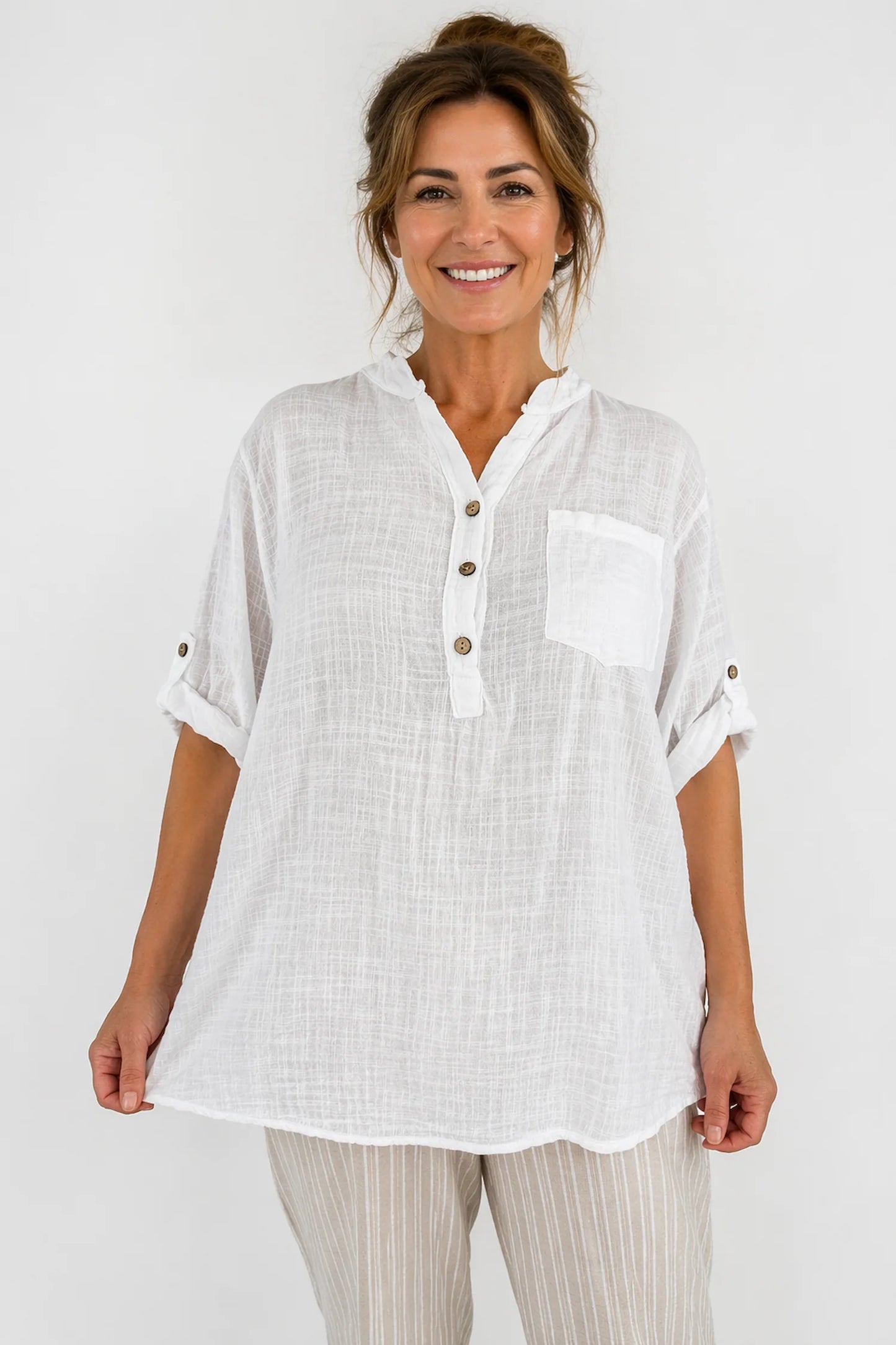 Linen Look Pure Cotton Pocket Detail Button Sleeve Calilla Button Shirt - White
