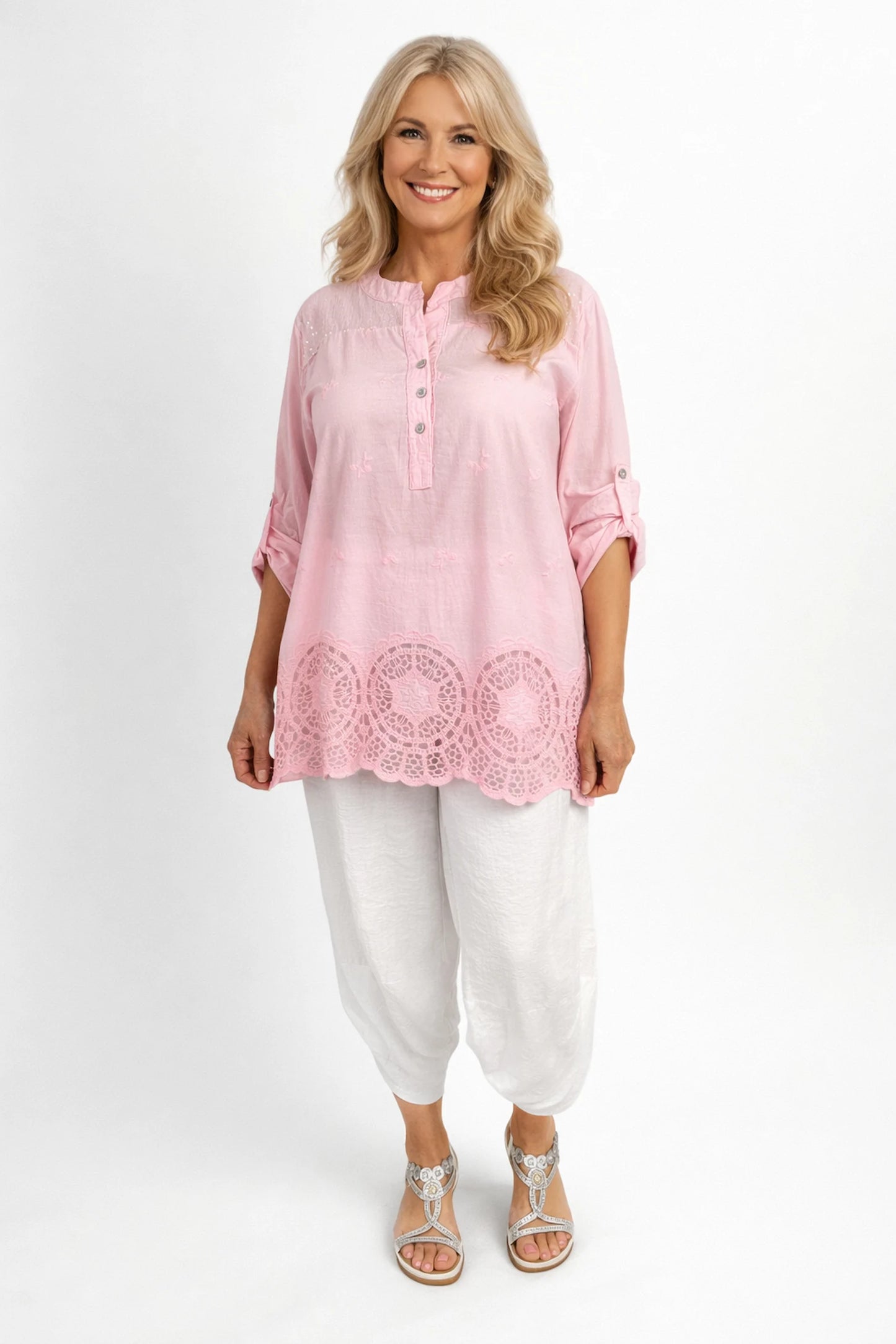 Pure Cotton Sequin Shoulder Embroidery Anglaise Button Sleeve Côte Doré Shirt - Baby Pink