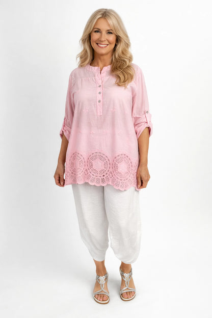 Pure Cotton Sequin Shoulder Embroidery Anglaise Button Sleeve Côte Doré Shirt - Baby Pink