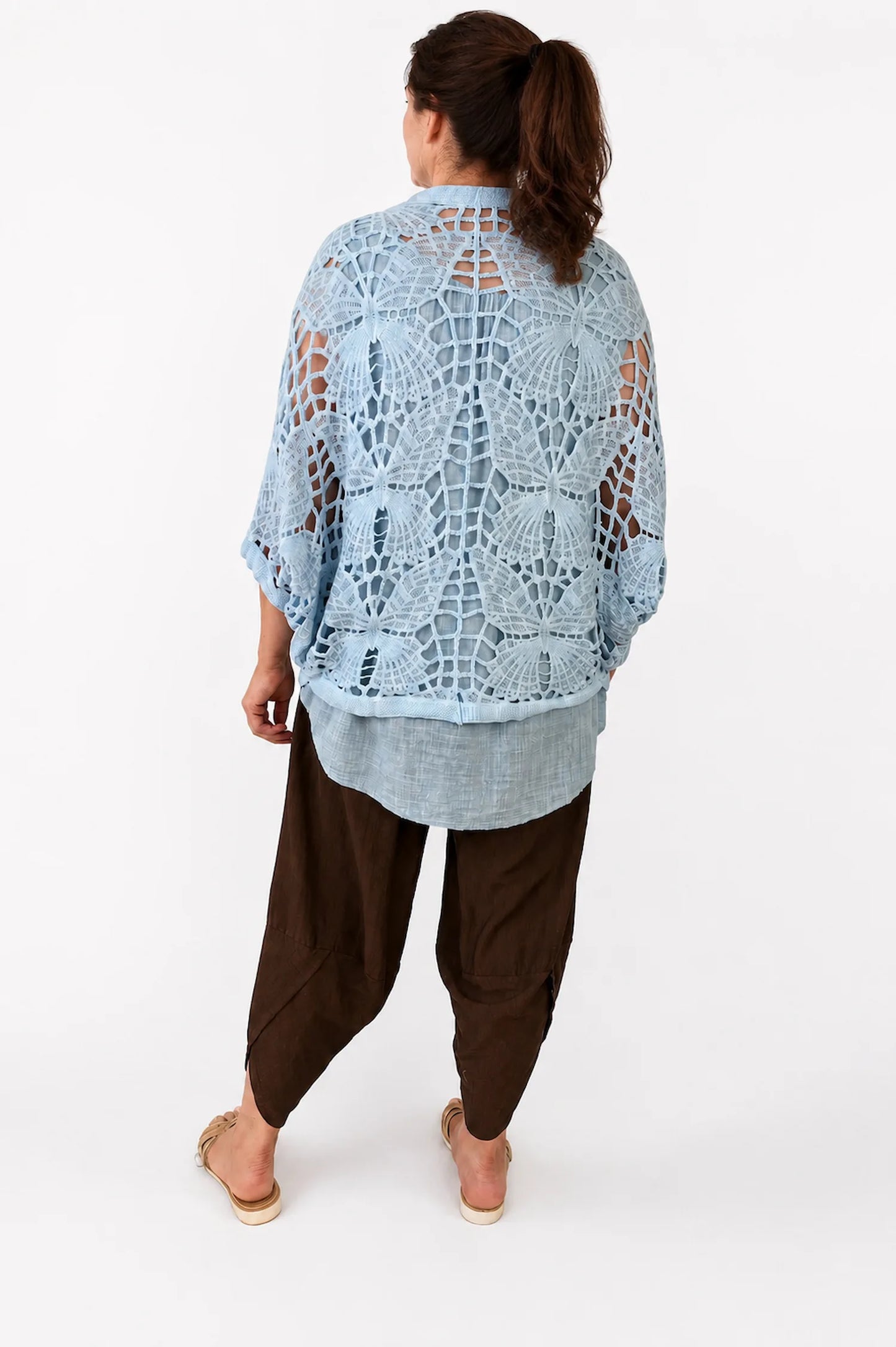 Pure Cotton Sadie Batwing Button Crochet Cardigan - Powder Blue