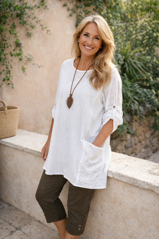 Cotton Crochet Detail Double Pocket Button Sleeve Cláudia Necklace Top - White