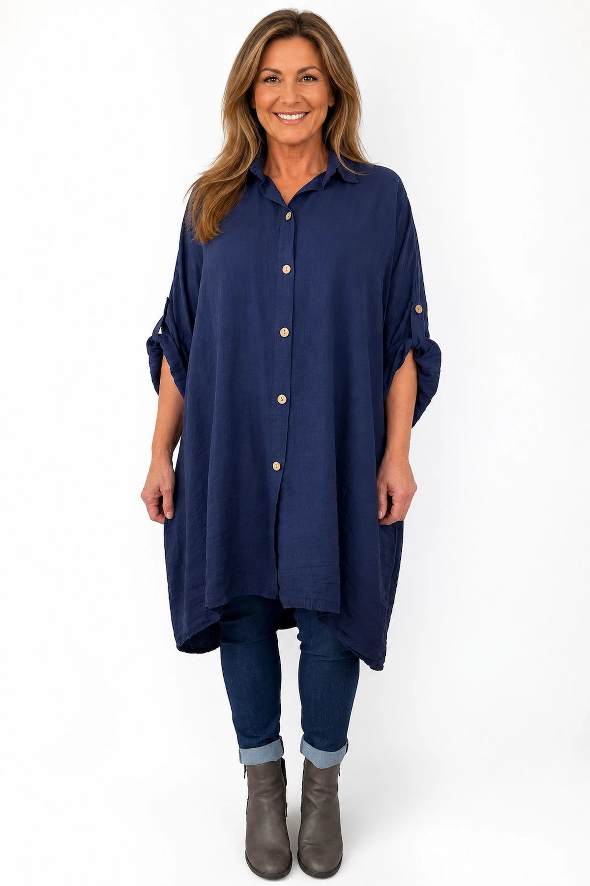 Button Sleeve Maxine Longline Button Shirt - Navy