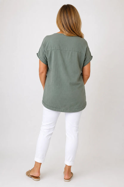 Cotton Drawstring Hem Embroidered Floral Marella Top - Khaki