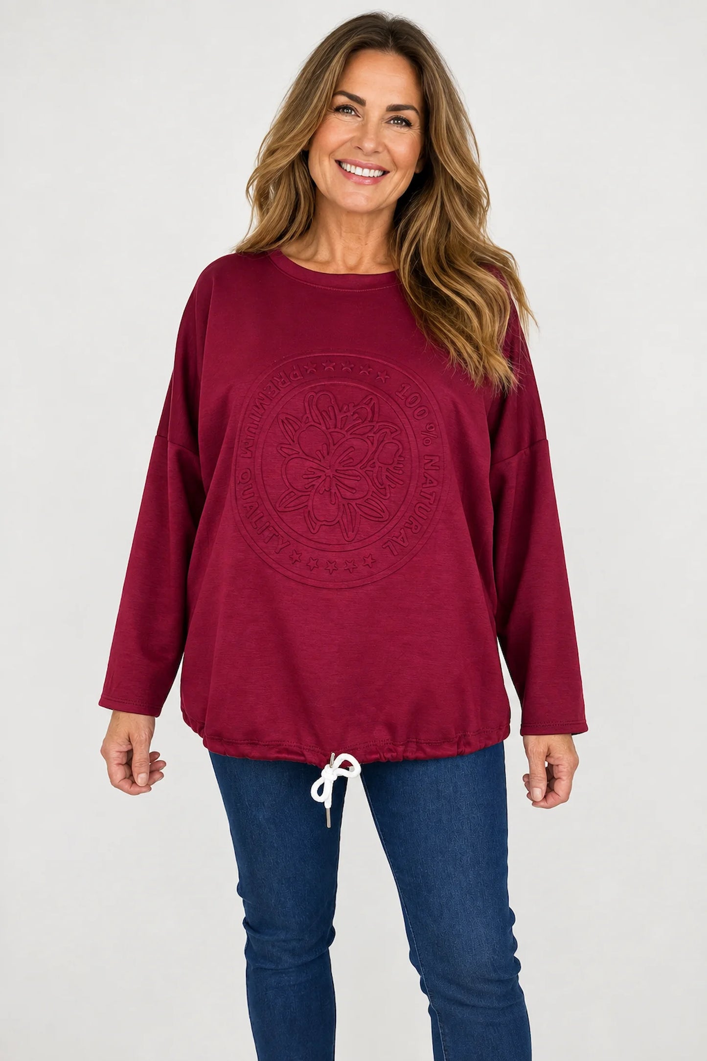 Embossed Clover Drawstring Hem Ambriella Top - Italia Wine