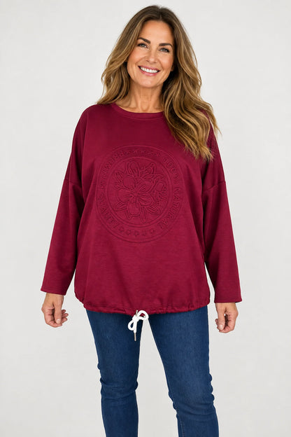 Embossed Clover Drawstring Hem Ambriella Top - Italia Wine