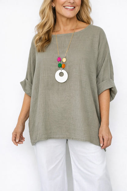 Pure Cotton Linen Look Italia Necklace Top - Mocha