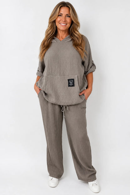 Pure Bubble Cotton Double Pocket Elasticated Waist Carla Wide Leg Pants - Mocha
