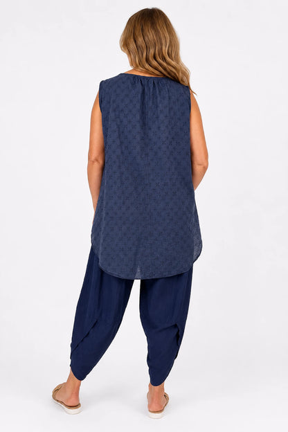Pure Cotton Embroidery Anglaise Mica Vest - Navy