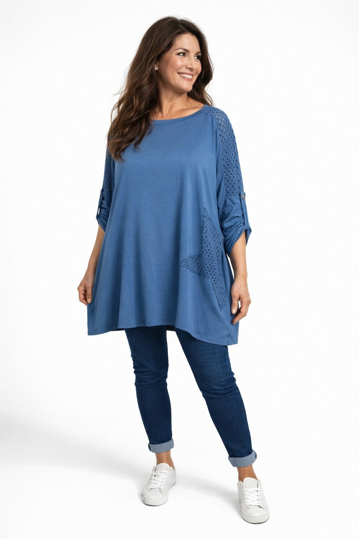 Cotton Crochet Detail Charmaine Button Sleeve Top - Denim