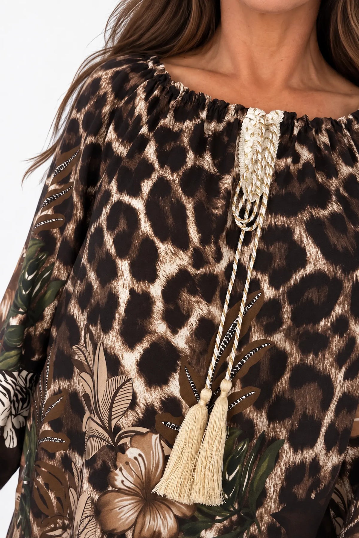 Gold Tie Detail Verity Leopard Top - Chocolate