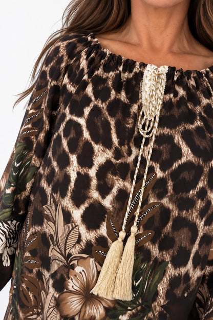Gold Tie Detail Verity Leopard Top - Chocolate