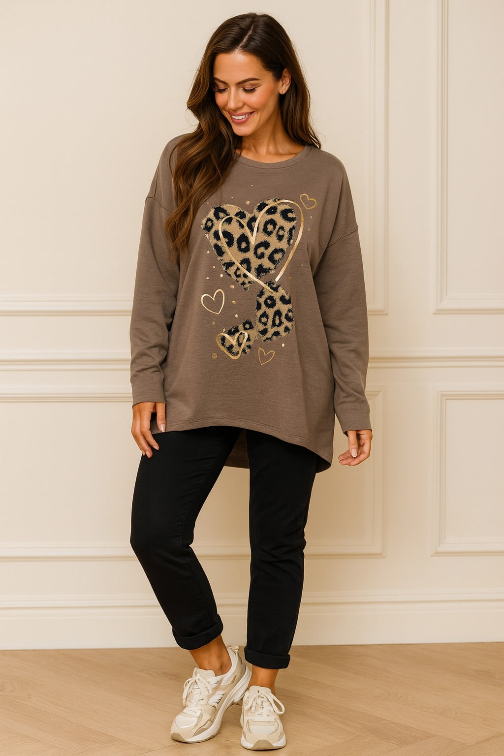 Ella Leopard Heart Light weight Sweatshirt - Mocha