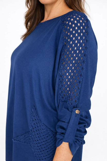 Cotton Crochet Detail Charmaine Button Sleeve Top - Navy