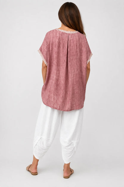 Crochet Lattice Trim Lightly Textured Marsi Top - Washed Vintage Rose